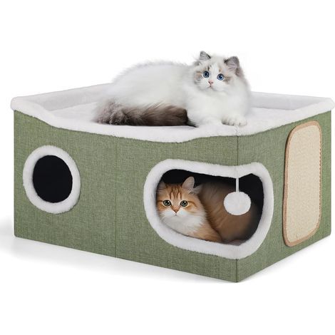 - Faltbares Katzenhaus - 2 Ebenen mit Kratzbaum und Ball - Für große Katzen und Haustiere - Grün - 61 x 45 x 32 cm (1/5)