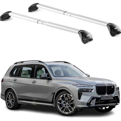 OMAC Barres de toit transversales certifiées TÜV pour BMW X7 G07 2018-2026 – Verrouillables (4 antivols) – Charge max 100 kg – Sangle inox + protection caoutchouc Argent (1/4)