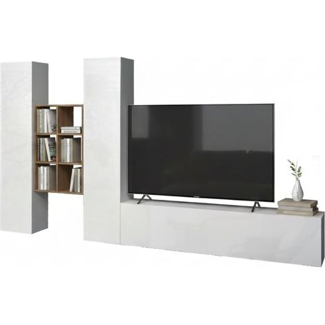 Dmora - Pared Equipada Dcola, Conjunto de salón Mueble de TV con 3 puertas, Mueble de salón polivalente, 100% Made in Italy, cm 320x30h180, Blanco brillo y Arce