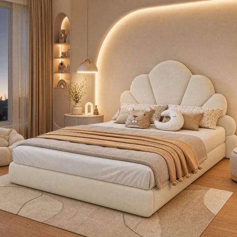 Letto 140x200 cm in velluto beige, testiera a fiore, per camera, senza materasso – MEUBLIV (1/5)