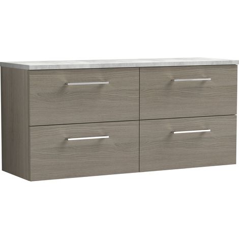 Nuie Arno Wall Hung 4-Drawer Vanity Unit with Bellato Grey Worktop 1200mm Wide - Solace Oak (1/4)