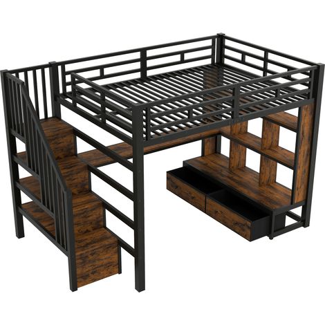 Lit mezzanine 140x200 cm avec bureau étagères 2 tiroirs escalier rangement, solution gain de place chambre ado adulte, structure métal noir (1/5)