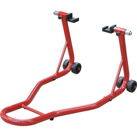 Béquille moto HOMCOM, support arrière universel, portable et mobile, type élévateur en acier avec 2 fourches et roues, 80 x 50 x 40 cm, rouge (1/5)