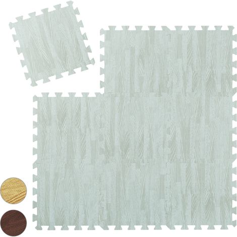Relaxdays Tappeto da Fitness a Puzzle, 9 Tasselli, per Sport, in Gommapiuma EVA, BPA-Free, in Effetto Legno, Bianco