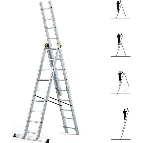 Echelle transformable 3 plans StablePro 3x9 marches aluminium extensible coulissante, 6 positions, hauteur travail max 6,10m, garantie 5 ans, Hostrom