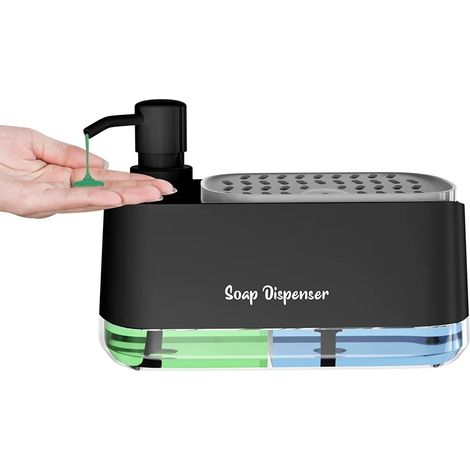 (Noir - 1 pièce) Distributeur de savon à double pompe 3 en 1 avec boîte de rangement pour éponge, idéal pour l'évier et le plan de travail. Solution de nettoyage compacte. (1/5)
