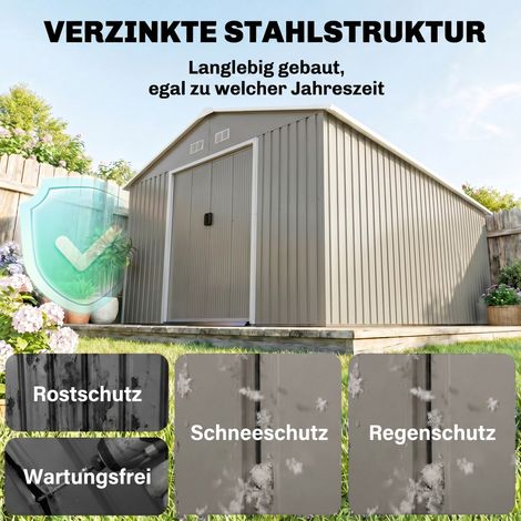 Abri de jardin métallique gris clair, résistant aux intempéries, avec fenêtres d'aération et portes coulissantes pour rangement d'outils de jardin (1/5)