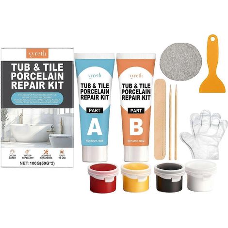 2setKit de réparation pour baignoire en fibre de verre, douche en fibre de verre et baignoire acrylique : idéal pour réparer les rayures, fissures, éclats et trous sur la porcelaine, l'émail, les baig (1/5)