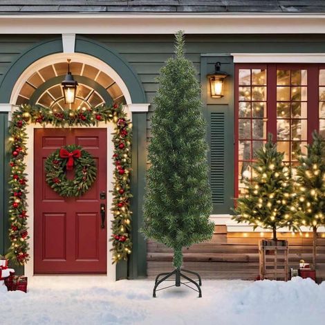 Sapin de Noël  Arbre de Noël artificiel mince avec support vert 210 cm PVC (1/5)