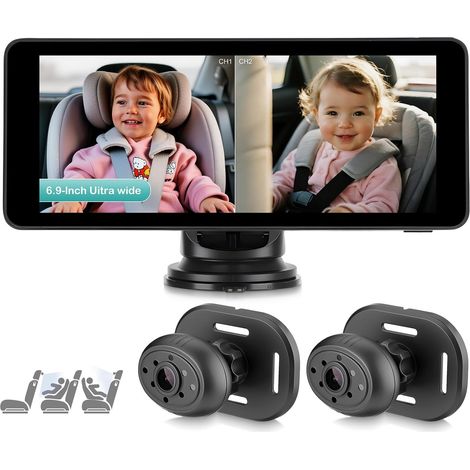 Baby Car Camera HD 1080P, 6.9 Inch Baby Car Monitor with Double Rear-Facing Camera, IR Night Vision, Split Screen Display, Car Seat Camera with Wide Angle (1/5)