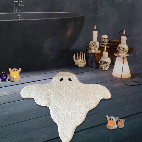 Tapis De Bain Forme Fantôme - Thème Halloween - Matière Velours - Blanc - Pour Salle De Bain Ou Décoration Gothique - 1 Pièce (1/5)