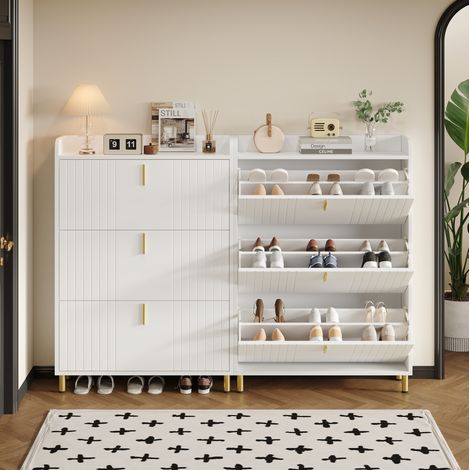 Set di 2 scarpiera a ribalta 80x23x123.5 cm, con ripiani regolabili, piano superiore, MDF bianco (1/5)