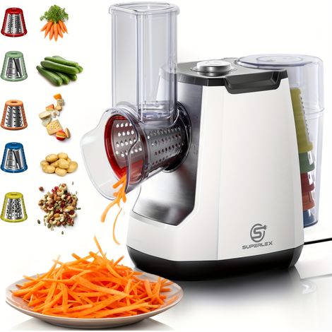 Hachoir à Légumes 5-en-1 et Centrifugeuse à Salade – Lames Inox. Pour Trancher, Hacher et Essorer Laitue. Usage Quotidien (Blanc). (1/5)
