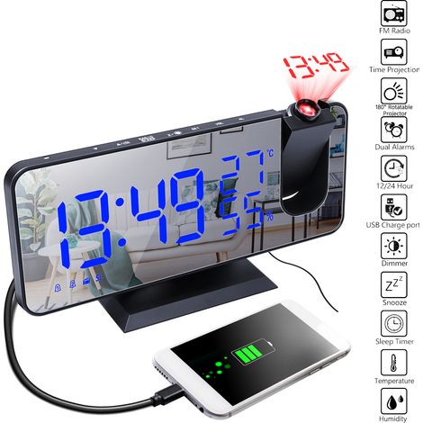 Réveil à projection numérique, avec surface miroir 4 en 1, horloge de projecteur à 180 degrés, moniteur de température intérieure et d'humidité, chargeur de téléphone radio FM, ℃/℉ sélectionnable,Blac