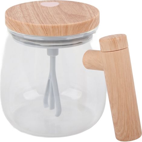 Mug mélangeur automatique avec couvercle transparent, beige et blanc, 350 ml, batterie 400 mAh, IPX6, interrupteur tactile USB-C, idéal pour le café et le lait.