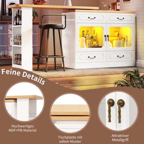 Table extensible bar avec rangement (135-203×39×92,8cm), comptoir pivotant 360° pour salon, chambre, salle à manger, îlot de cuisine avec LED, table haute télescopique blanche (1/5)