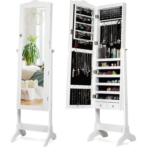Goplus – Armoire à bijoux sur pied avec miroir – 14 lumières LED automatiques – 6 étagères de rangement – Verrouillable en MDF blanc – Dimensions 41,5 x 37 x 160 cm