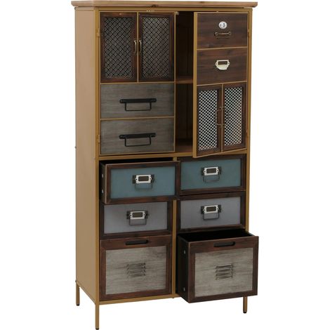 Commode style apothicaire buffet avec 6 tiroirs et 2 portes meuble vintage shabby chic 136x73x35 cm MDF bleu aspect métal 040009138