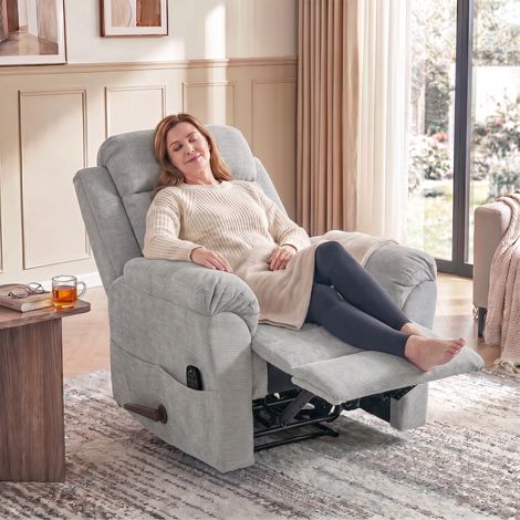 Fauteuil Relax Manuelle Inclinable 135° avec Chauffage, Tête Réglable, Tissu Chenille, Gris Clair (1/5)