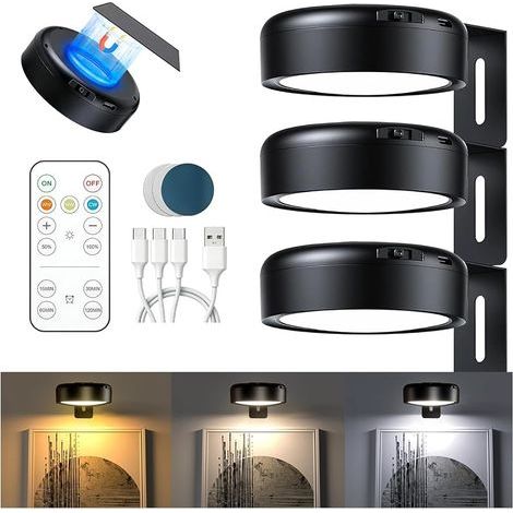 Lot de 3 Eclairage Tableau Sans Fil, Eclairage Tableau LED Sans Fil Rechargeable, Lampes Magnétiques avec Télécommande, 3 Couleurs et Fonction de Minuterie, pour Galerie Vitrines (Noir) (1/5)