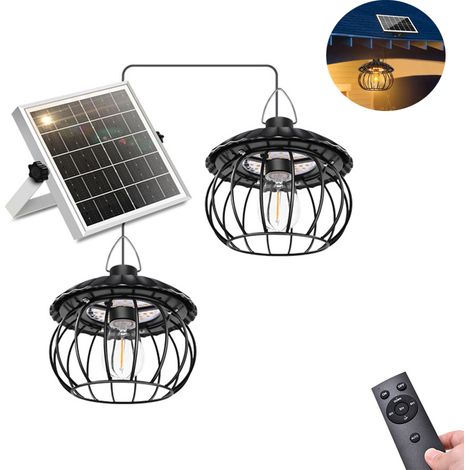 Lámpara colgante solar de dos cabezales, impermeable, con temporizador, con control remoto, ideal para patios y pérgolas (luz blanca). (1/5)