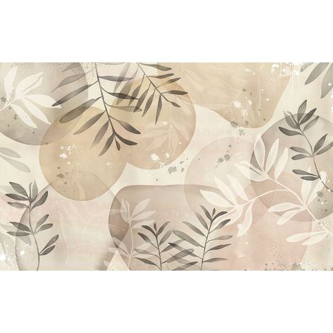 Papier peint panoramique feuilles beige 400x250 cm – Intissé facile à poser – Écologique certifié FSC – Pour chambre ou salon – Komar (1/3)