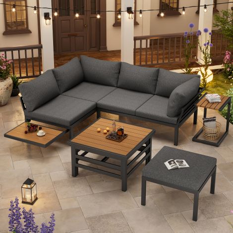 Conjunto de salón de jardín, sofá angular de 4 plazas, 1 mesa baja, 1 mesita auxiliar, 1 pequeño tablero extensible, 1 reposapiés, gris (1/5)