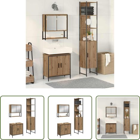 vidaXL Meuble miroir -  Ensemble de mobilier de salle de bain avec étagère 3 pcs Marron (1/5)