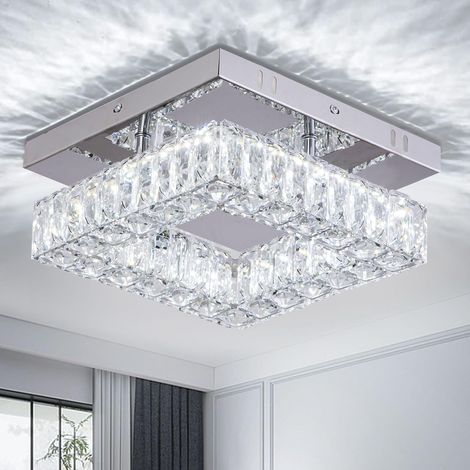 Lámpara de araña moderna de cristal en miniatura, luz LED de techo cuadrada para entrada, cocina, vestíbulo y comedor. Diámetro de 24 cm, 18 W, luz blanca de 6000 K. (1/5)