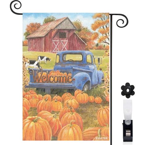 Drapeau de jardin bienvenue 30 x 45 cm motif camion ancien chargé de citrouilles toile double face (1/5)