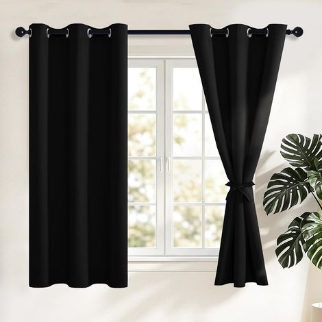 Rideau occultant avec embrasse - Thermique phonique isolant anti froid chaud à oeillets - 132x137cm noir - Lot 2 salon chambre maison (1/4)