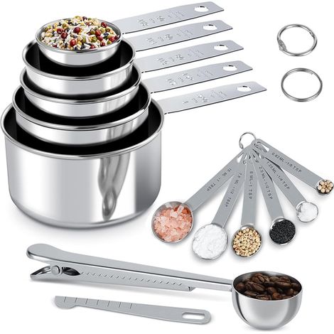 Lot de 13 tasses doseuses et cuillères doseuses en acier inoxydable avec règle doseuse, pelle avec clip et tableau de conversion de cuisine, 10 outils de mesure pour ingrédients secs (1/5)
