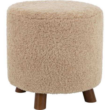 Pouf mouton beige en textile doux pieds bois ambiance cocooning - Beige effet mouton naturel (1/3)