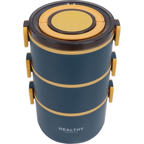 2200 ml Lunchbox mit drei herausnehmbaren Fächern, rundes und tragbares Bento-Format, ideal für Zuhause, Büro, Picknicks und Studenten (blau). (1/5)