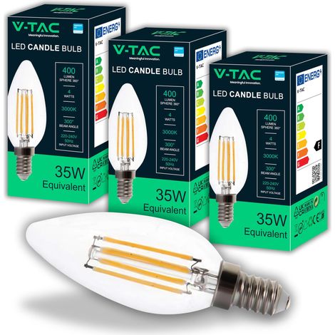 3x Ampoules LED Filament Bougie E14-4W (équivalent à 35W) 400 Lumen - 3000K Blanc Chaud - Ouverture du faisceau lumineux 180° - Ampoule Efficacité Maximale et Économie d'Énergie (1/5)