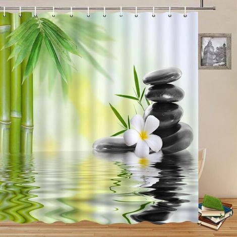 120x180cm Eau Spa Rideau de Douche Vert Bambou Feuilles Orchidée Fleur Zen Méditation Basalte Pierres Floral pour Salle de Bains Polyester avec Crochets (1/4)