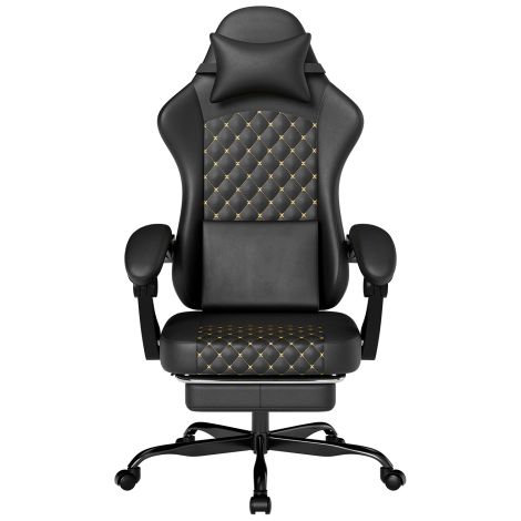 Chaise Gaming Ergonomique en PVC et Simili Cuir, avec Repose-Pieds et Coussin Massage, Dossier Inclinable 90°-135°, Support Lombaire et Appui-Tête, Charge 150 kg, Noir (1/5)