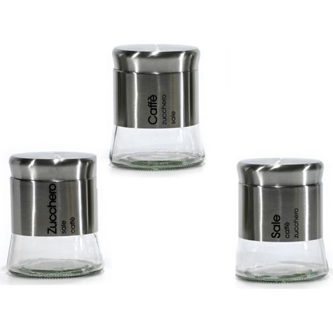 Set di 3 contenitori porta Sale Zucchero e Caffe in Vetro e Acciaio Inox 700 ml Barattoli spezie da Cucina con Finestra Trasparente e Chiusura Ermetica Salva Freschezza Moderni (1/5)