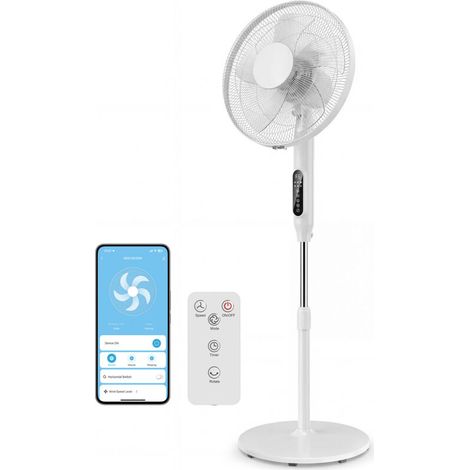 Ventilateur sur pied 45 cm connecté APP, contrôle à distance, 3 vitesses et 3 modes, hauteur réglable, blanc, silencieux et puissant, idéal pour maison et bureau. (1/5)