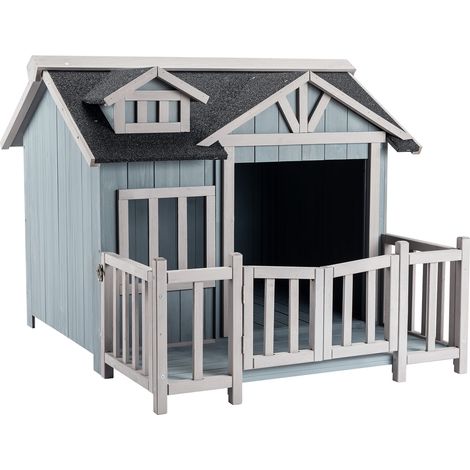 Wiltec Luxus XL Hundehütte 93,5 x 77,5 x 70 cm, grau weiß, Hundehaus aus Holz mit Veranda, Hundehöhle Outdoor für Balkon Garten Terrasse (1/5)
