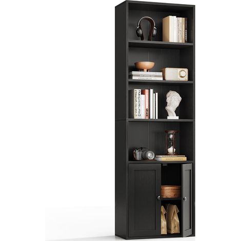 Bibliothèque 6 Niveaux avec Portes, Meuble Rangement 176cm Noir Assemblage Facile 176x48x24cm Étagères Tablettes Réglables Anti-Basculement 80-120 Livres Salon Chambre Bureau (1/5)