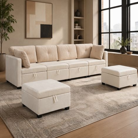 DESMIU Canapé modulaire en U 6 places avec coffre de rangement et coussins, en velours et cordon Beige (1/4)