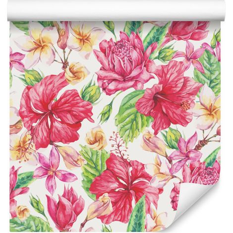 Carta da parati con fiori e foglie esotiche colorate per soggiorno e camera da letto 50x1000 cm (1/5)