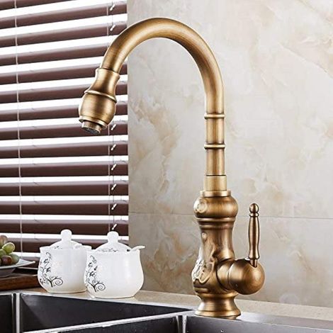 1 Robinet Cuisine Laiton, Bec Pivotant 360 Degrés, Finition Bronze Antique, Mitigeur Évier
