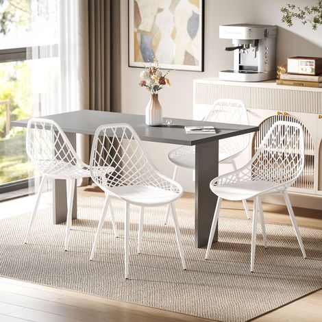 Lot de 4 chaises de salle de salle à manger s avec dossier courbé perforé et pieds métalliques, plastique pour cuisine, blanche (1/4)