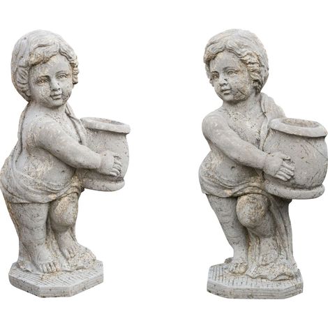 Old statue depicting a putti couple with a stone vase
