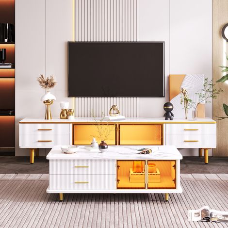 Conjunto mueble TV y mesa de centro 170x37x47.5 cm y 100x50x40 cm blanco en tablero de partículas con LED y vidrio templado (1/5)