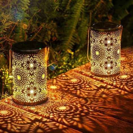 Lot de 2 lanternes solaires d'extérieur IP65 étanches en métal vintage - LED blanc chaud - Lampe solaire suspendue pour l'extérieur - Décoration de jardin (1/5)