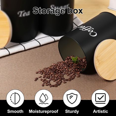 Lot de 3 Bocaux de Rangement pour Café, Thé et Sucre, 1000 ml, Couvercle en Bambou Étanche, Métal Noir, Taille 14.3x8.5 cm, Étiquettes Incluses (1/3)