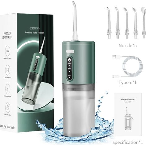 Hydropulseur électrique vert basique, irrigateur buccal portable à impulsions manuel pour nettoyage dentaire et élimination du tartre (1/5)